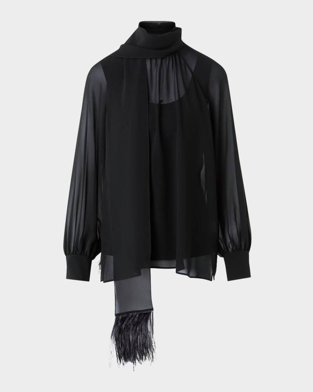 Feather-Trim Scarf Silk Georgette Blouse